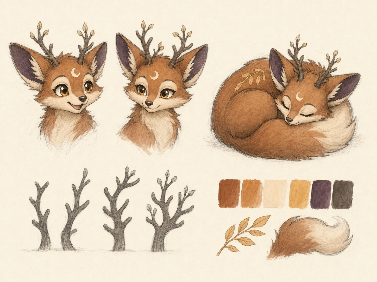 Creature concept sheet with Morrowyn expressions, a sleeping pose, antler studies, tail study, and color swatches.