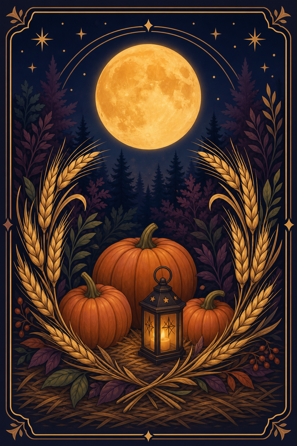 Tarot artwork showing an amber harvest moon above wheat, pumpkins, forest leaves, and a lantern.