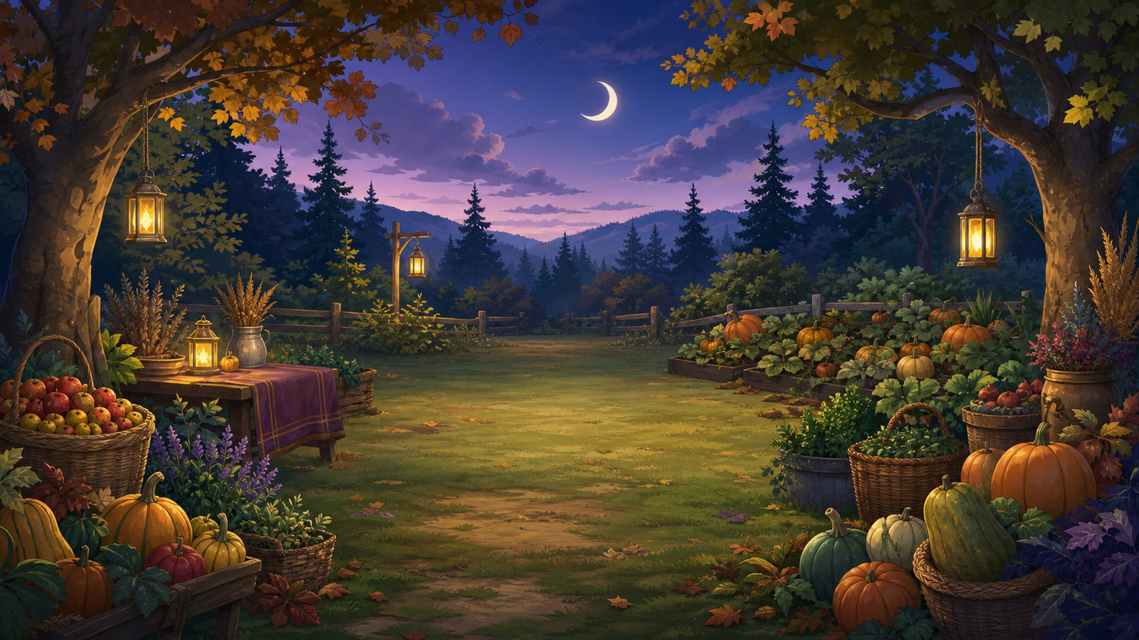 Moonlit autumn harvest clearing framed by trees, baskets, lanterns, pumpkins, and distant pines.